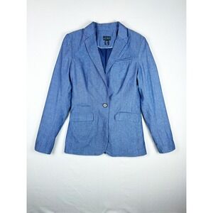 Willi Smith Womens Blue Cotton Chambray Blazer Jacket Preppy Business Casual XS